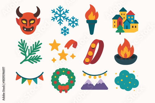 Alpine Festivity Icons. Alpine Holiday Spectacle flat icons set. horned mask, snowflakes, torch flame, village square, pine branches, bell strap, stars, fire pit, garland, wreath
