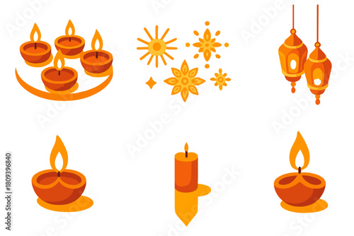 Diwali Icon Set. Diwali Glow flat icons set. diyas in circle, sparkling lights, rangoli art, golden hue, festive flame, hanging lamps, candle reflection, bright background