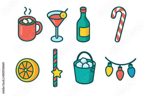 Festive Drink Icons. Holiday Drink Bar flat icons set. hot cocoa mug, cocktail glass, wine bottle, candy cane stirrer, citrus slice, festive straw, ice bucket, sparkling lights