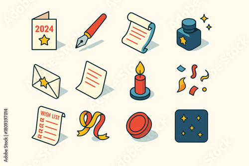 Festive Stationery Icons. New Year Wish Writing flat icons set. greeting card, calligraphy pen, paper scroll, sparkling ink bottle, envelope with star, folded letter, candle flame