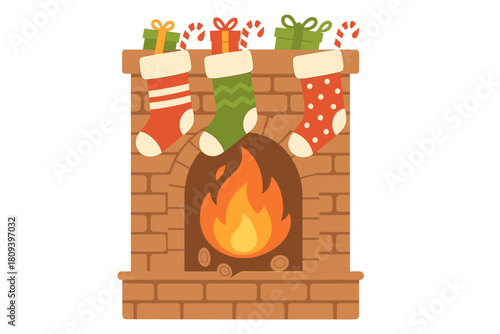 Cozy Christmas Fireplace. Cozy fireplace with stockings hanging above, filled with small gifts and candy canes. The fire crackles merrily, spreading warmth and. Vector illustration