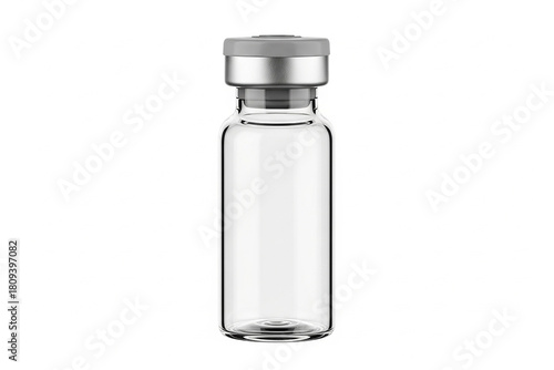 Empty glass vial with silver cap and rubber stopper, isolated on a white background, ready for medical or scientific use