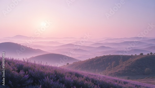 pastel soft nature landscape with rolling hills, light pink and lavender tones, dreamy
