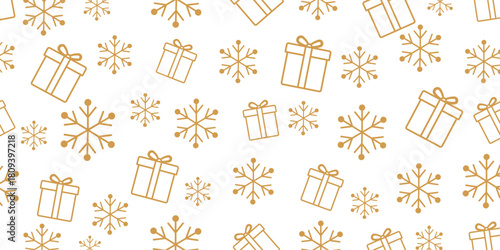 Elegant seamless Christmas and winter pattern featuring golden-brown outline icons of gift boxes and stylized snowflakes scattered randomly on a plain white background.