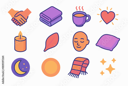 Tender Moments Icons. Tender Moments flat icons set. joined hands, folded blanket, cup of tea, heart spark, candle, flower petal, calm face, moonlight, warm glow, scarf, pillow