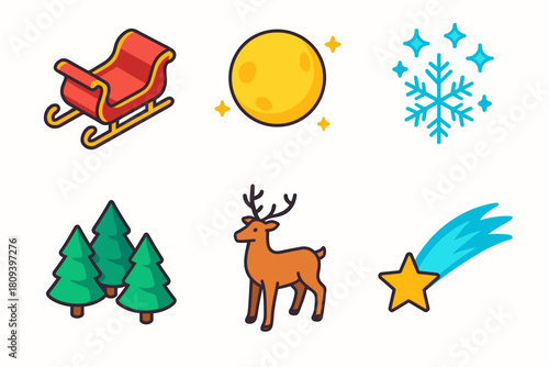 Christmas Magical Icons. Christmas Magical Voyage flat icons set. flying sleigh, glowing moon, sparkling snow, pine forest, reindeer, comet trail