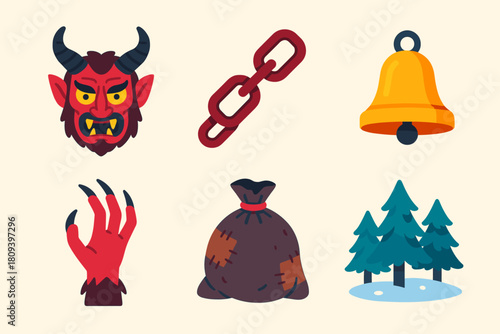 Dark Folklore Icons. Dark Folklore flat icons set. Krampus mask, rusty chain, bell, clawed hand, tattered sack, snowy forest