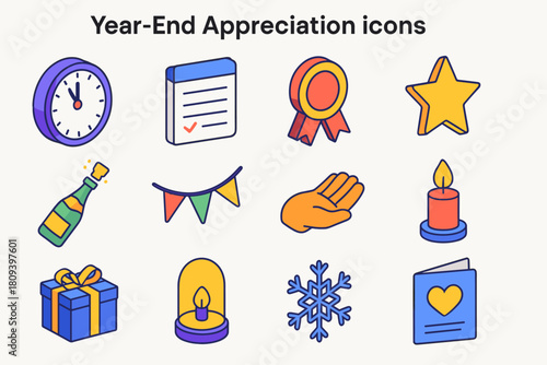 Year-End Celebration Icons. Year-End Appreciation flat icons set. clock striking midnight, journal page, ribbon, star, champagne bottle, garland, open hand, candlelight, gift box