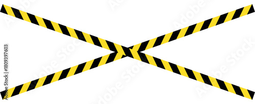 Two crossing diagonal caution tapes with black and yellow stripes on a white background surface, caution tape