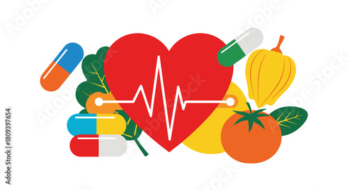 Healthy lifestyle concept shows a red heart with an EKG line surrounded by fresh vegetables fruits and medical supplement pills.