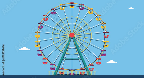 Large and colorful ferris wheel with multi-colored cabins stands against a bright blue sky with a few fluffy white clouds.