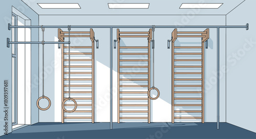 Clean and bright home gym interior with wall bars gymnastic rings and a pull-up bar for fitness and strength training.