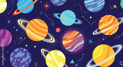 Vibrant and colorful seamless space pattern features various planets with rings stars and cosmic elements on a dark blue background.