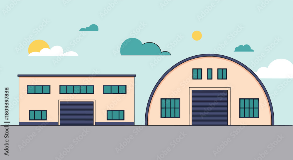 Fototapeta premium Simple flat design illustration of two different warehouse buildings with garage doors under a partly cloudy sky background.