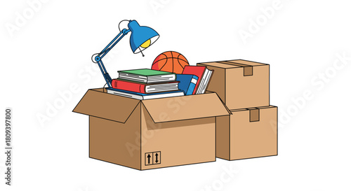 Cardboard boxes for moving day are shown with one open box filled with books a lamp and a basketball on a white background.