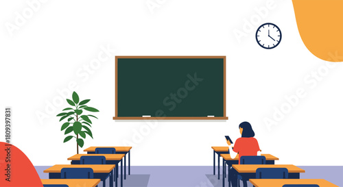 Side view of an empty classroom with a student sitting at a desk using a smartphone in front of a blank chalkboard.