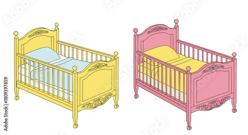 Two ornate vintage baby cribs one yellow and one pink are shown side-by-side with bedding for a baby boy and girl.