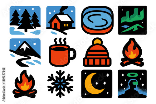 Winter Icon Collection. Winter Escapes silhouette icon set. snowy forest, cozy cabin, ice rink, aurora sky, mountain slope, hot cocoa, wool hat, campfire, snowflake, moonlight