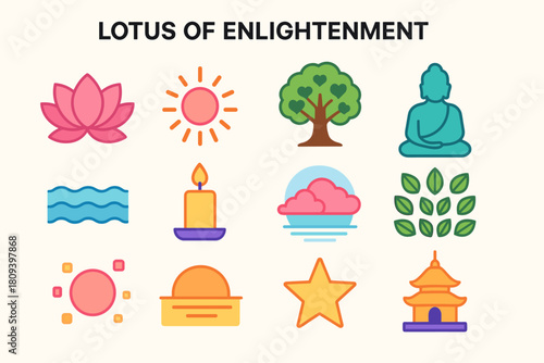Lotus Enlightenment Icons. Lotus of Enlightenment flat icons set. open lotus, radiant light, Bodhi tree, Buddha silhouette, calm water, candle, soft sky, leaf pattern, gentle glow