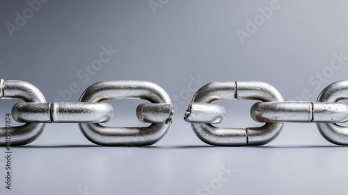 Broken chain links with disconnected ends, minimalist metal texture symbolizing separation. wellbeing guides.