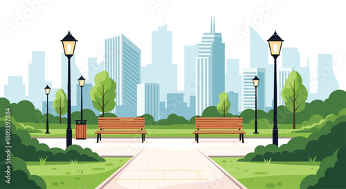 Peaceful city park landscape with wooden benches lush green trees and a pathway leading towards a modern city skyline.