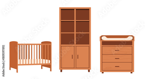 Set of wooden nursery furniture including a baby crib a bookcase and a changing table isolated on a clean white background.