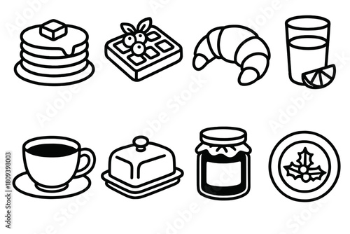 Festive Breakfast Icons. Festive Morning Spread linear icon set. pancakes stack, waffles with berries, croissant, orange juice glass, coffee cup, butter dish, jam jar, plate with