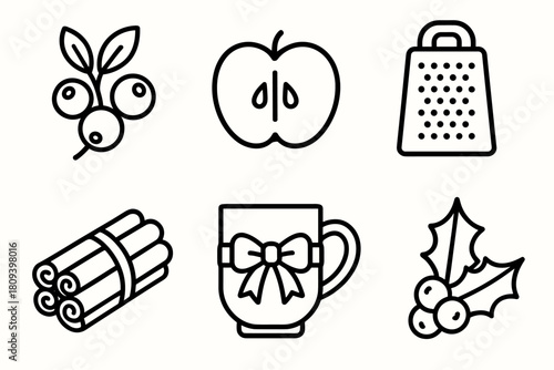 Festive Icon Set. Festive Flavor linear icon set. cranberry sprig, apple slice, nutmeg grater, cinnamon bundle, ribboned mug, holly leaf