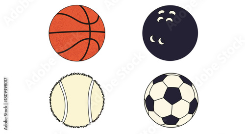 Set of four popular sports balls including a basketball bowling ball tennis ball and a soccer ball in a simple doodle style.