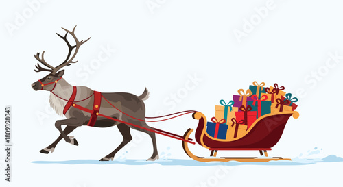 Christmas reindeer is pulling Santas sleigh filled with a large pile of colorful wrapped gifts through the snow with speed.