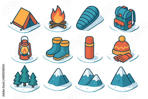 Isometric Snowy Camp Icons. Snowy Camp Setup flat icons set. tent, campfire, sleeping bag, backpack, lantern, snow boots, thermos, wool hat, gloves, pine trees, snowy ground