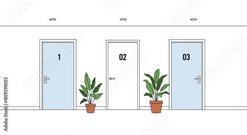 Minimalist illustration of a clean white hallway with three numbered doors and two potted plants creating a simple interior.