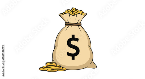 Simple cartoon illustration of a large canvas money bag with a dollar sign on it and a pile of gold coins at the bottom.