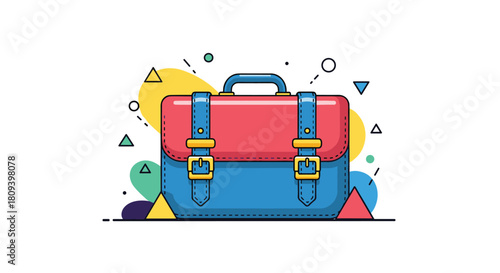 Colorful cartoon illustration of a classic blue and red school satchel or briefcase against a background of abstract shapes.