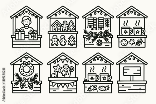 Cozy Christmas Market Stalls. Christmas Market Wooden Stalls linear icon set. cozy booth, gingerbread display, knitted scarves, pine decor, mulled wine mugs, twinkling lights