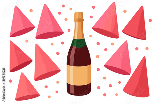 Vibrant Party Celebration. Party hats in vibrant pinks and reds are strategically placed to frame the central champagne theme. Their conical shapes add a dynamic. Vector illustration