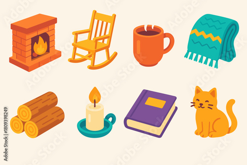 Cozy Fireside Icons. Cozy Fireside flat icons set. brick fireplace, rocking chair, steaming cup, knit throw, wood logs, candlelight, book, cat