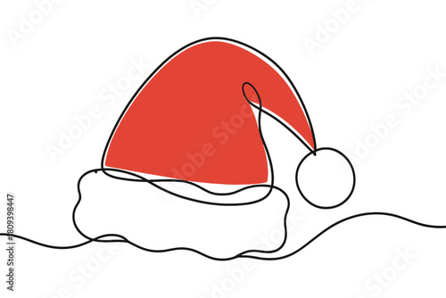Minimalist Santa Hat. Single-line drawing of a classic Santa hat, its red fabric elegantly outlined with a fluffy white brim and pom-pom. The continuous line creates. Vector illustration