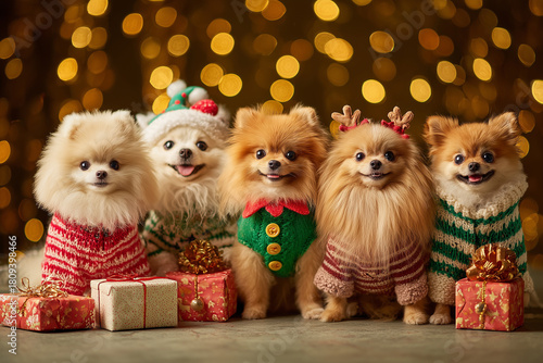 Group of Pomeranians in Christmas sweaters with gifts