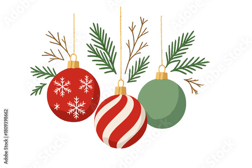 Elegant Christmas Ornaments. Collection of three Christmas ornaments hangs elegantly, featuring a red globe with white snowflakes, a striped red and white bauble,. Vector illustration