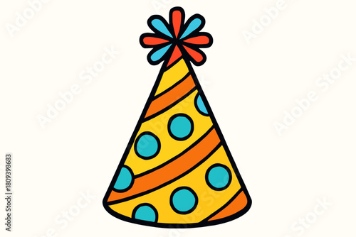 Festive Party Hat. Festive party hat, decorated with stripes and polka dots, stands tall as the focal point. The hat's peak is adorned with a vibrant pom-pom, adding. Vector illustration