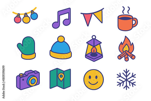 Festival Icon Set. Festival Atmosphere flat icons set. light string, music note, banner flag, warm drink, mitten, wool hat, lantern, fire pit, camera, map, smiling face, snowflake