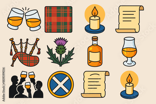 Burns Night Icons. Burns Night Whisky Gathering flat icons set. whisky glasses clinking, tartan background, glowing candle, poetry manuscript, bagpipe detail, thistle bloom, bottle