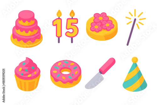 Isometric Birthday Cakes. Birthday Cakes flat icons set. tiered cake, number candles, frosting flowers, sparkler, cupcake, sprinkles, cake knife, party hat