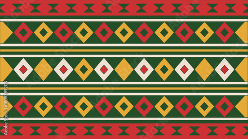 Vibrant geometric pattern with red, gold, and green diamonds offers a festive, modern aesthetic perfect for backgrounds and creative projects