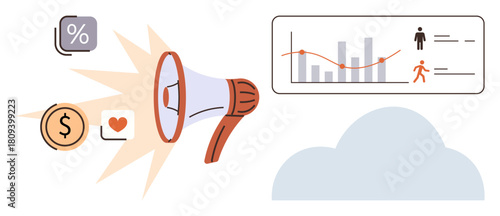 Megaphone emitting symbols of currency, heart, and percentage alongside a data chart with graphs and figures. Ideal for digital marketing, analytics, advertising, communication strategy, promotion