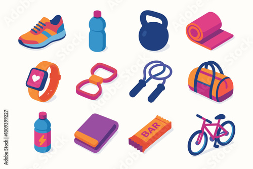 Active Lifestyle Icons. Active Lifestyle flat icons set. sneakers, water bottle, kettlebell, yoga mat, smartwatch, resistance band, jump rope, gym bag, sports drink, towel, protein