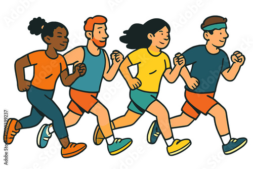 Energetic Running Community. Diverse group of people running in unison, each in a different outfit, showcasing a sense of community through fitness. The composition. Vector illustration