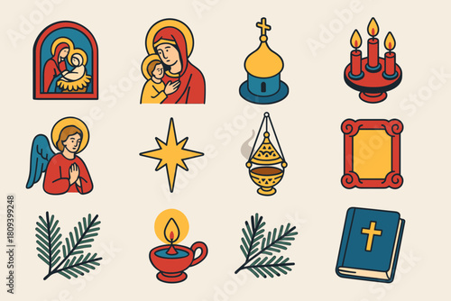 Vibrant Orthodox Icons. Orthodox Christmas Icon Display flat icons set. nativity icon, holy mother and child, golden halo, church dome background, candle stand, angel figure, star