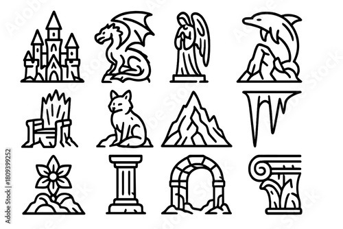 Frozen Icon Collection. Frozen Creations linear icon set. ice castle, dragon sculpture, angel figure, frozen dolphin, ice throne, snow fox, mountain peak, icicle, ice flower